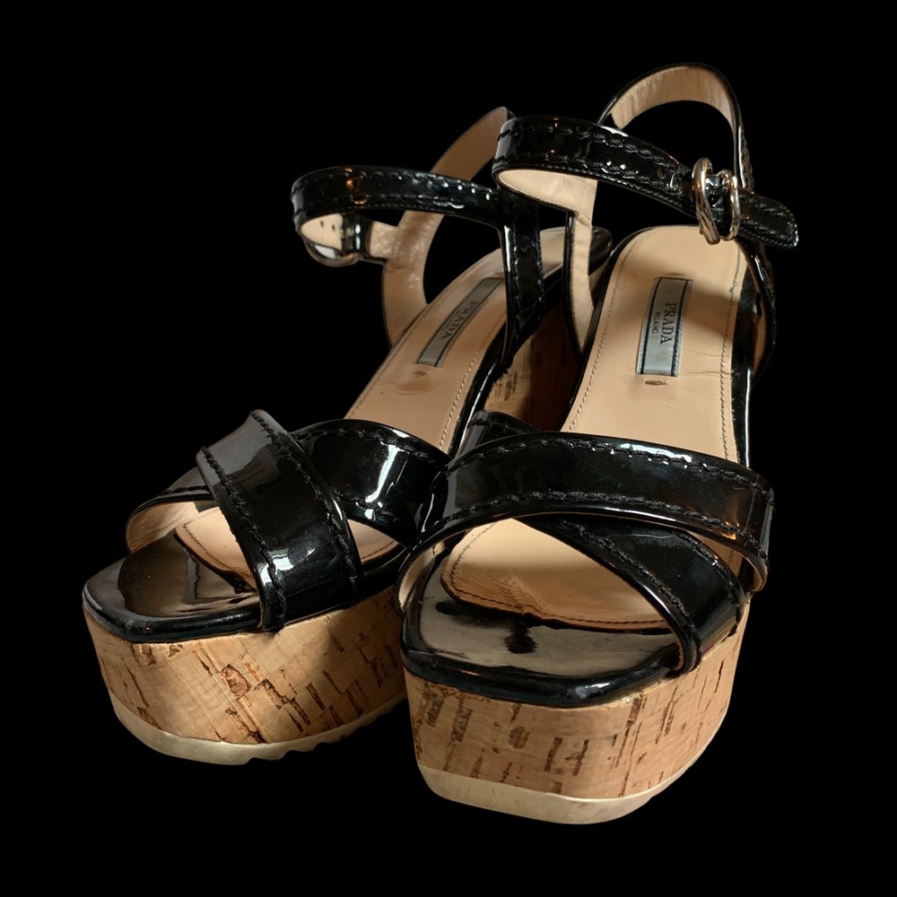 Prada Wedge Cork Platform Patent Leather Sandals
